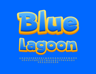 Vector touristic banner Blue Lagoon. Blue and Yellow playful Font. Funny style Alphabet Letters and Numbers