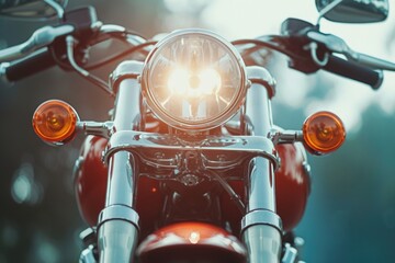 A detailed close-up of a motorcycle's headlight. This image captures the intricate design and features of the headlight. Perfect for automotive enthusiasts and motorcycle-related content - obrazy, fototapety, plakaty