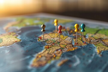 A detailed close-up of a map with pins, perfect for travel or geographical concepts
