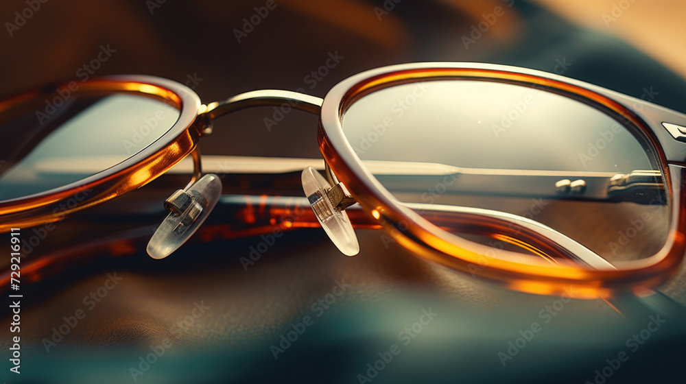 Poster a pair of glasses sitting on top of a table. can be used to depict a work desk or reading area