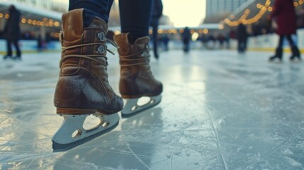 A close-up view of a pair of ice skates on a rink. Perfect for winter sports or ice skating-related designs