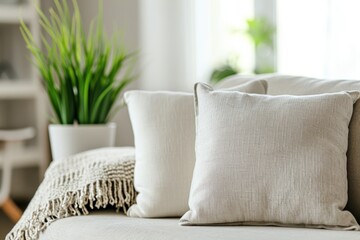 White Pillows in Couch Mockup in Bright and Airy  Scandinavian Living Room with Green Potted Plants