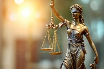 Lady Justice statue holding a sword, symbolizing justice and fairness. Suitable for legal, law, and courtroom-related designs - obrazy, fototapety, plakaty
