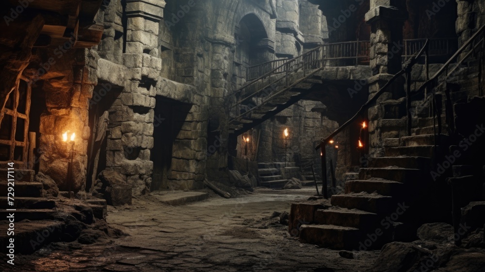 Poster A mysterious and eerie scene of a dark alley with stairs and stone walls. Perfect for adding a touch of suspense and intrigue to any project