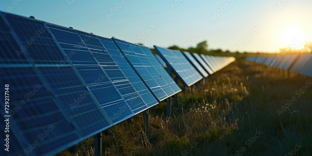 Poster a row of solar panels in a field. suitable for renewable energy and sustainable power concepts