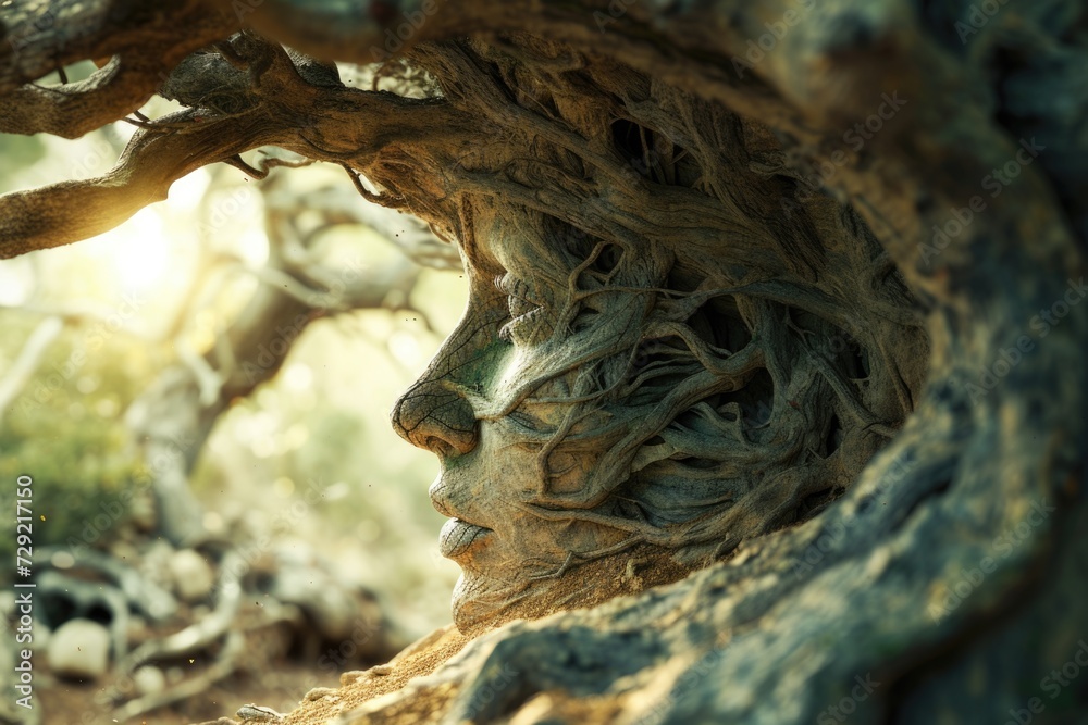 Poster A close-up photograph of a face in a tree. This unique image captures the intricate details of the face and the natural textures of the tree.