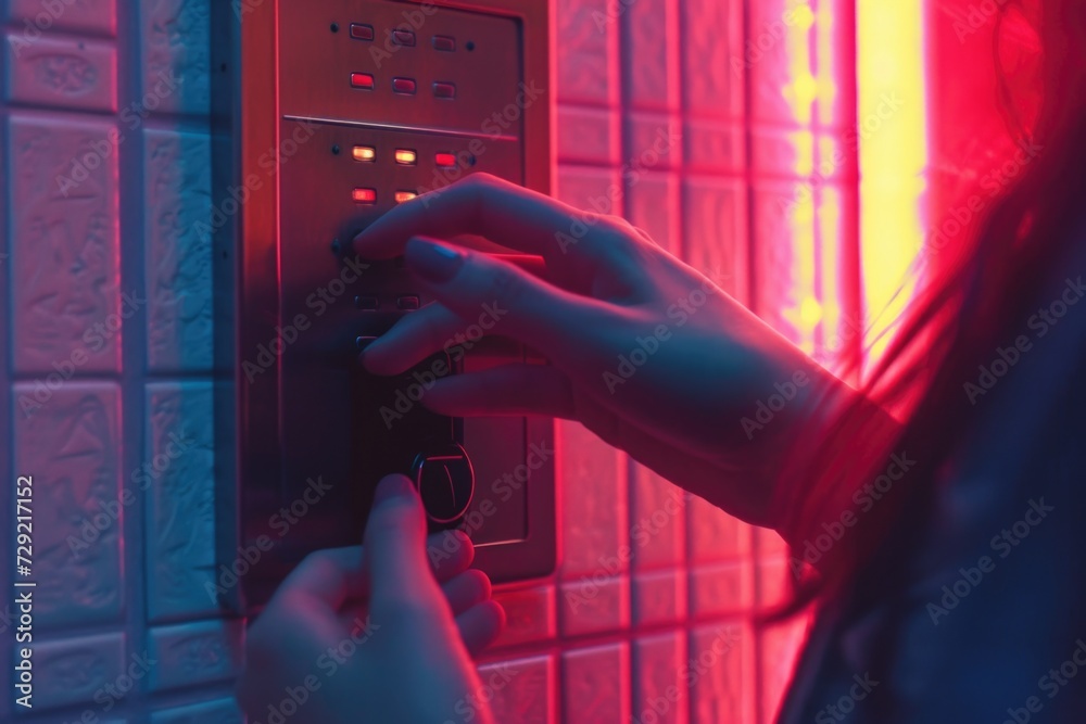 Poster A person is pressing a button on a wall. This image can be used to depict concepts such as technology, control, decision-making, or automation