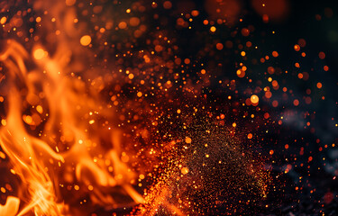 Fototapeta na wymiar Particles of smoldering coals on a black background, fire, sparks, flame. Sparks on Dark Background. Photorealistic, background with bokeh effect. 