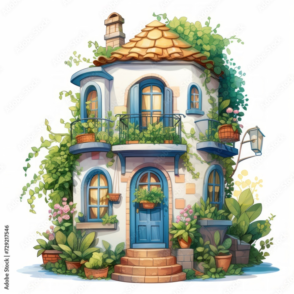 Poster a fairytale abode featuring a vibrant rooftop garden and quaint window boxes. generative ai