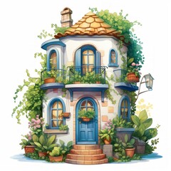 A fairytale abode featuring a vibrant rooftop garden and quaint window boxes. Generative AI