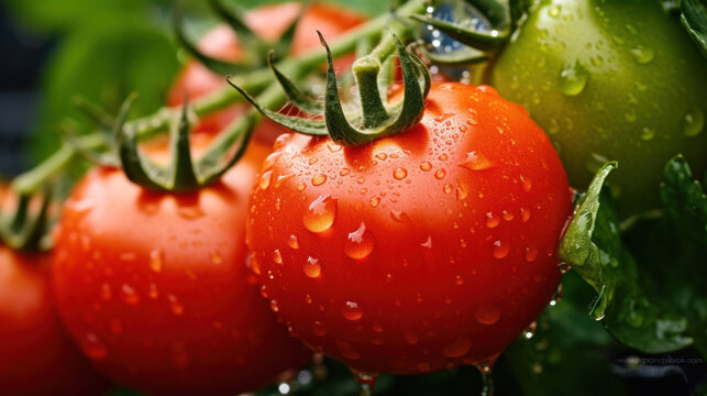 Big red tomatoes soaked with water droplets on organic farm tomato plant.