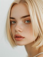 young woman blonde hair with bob haircut isolated on flat White background with copy space, Generative AI