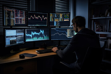 Financial analyst man examining charts over multiple monitors in office.