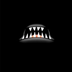 Vector Cartoon open mouth with fangs isolated on black background. Funny and cute black funny Halloween Monster open mouth with big vampire fangs. jaws and mouth of the beast cartoon illustration