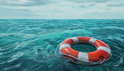 Naklejka premium Vivid orange lifebuoy floating in blue sea symbolizing safety and rescue in times of danger essence of emergency preparedness and importance of life saving equipment in vast ocean