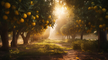 cinematic beauty of a lemon tree grove during sunset