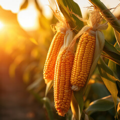 Close up of corn cobs in the field.