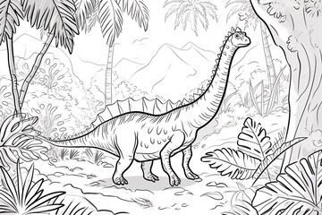 Ouranosaurus Dinosaur Black White Linear Doodles Line Art Coloring Page, Kids Coloring Book