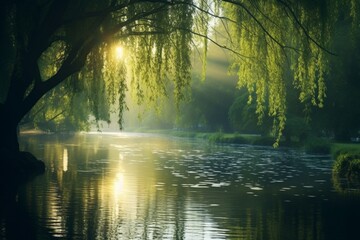 : A tranquil pond surrounded by weeping willow trees, with their delicate branches gently touching the water's surface under the soft light of the morning sun.