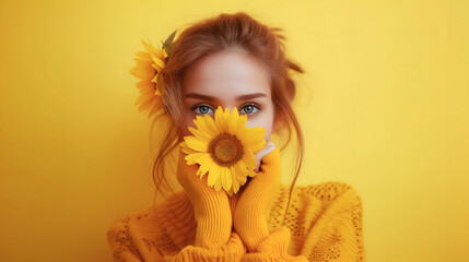 Portrait of an attractive woman covering her face with rose flowers. Minimal spring concept