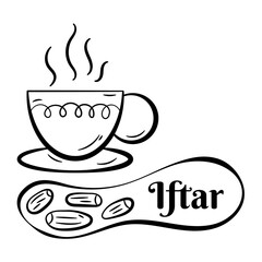 Hand Drawn Icon of Iftar..Outline Doodle Islamic Icon Collections
