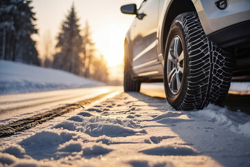 Fototapeta na wymiar Winter tire with detail of car tires in winter snowy season on the road covered with snow