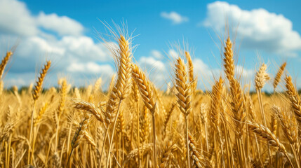Fototapeta premium Wheat Field Under Cloudy Blue Sky