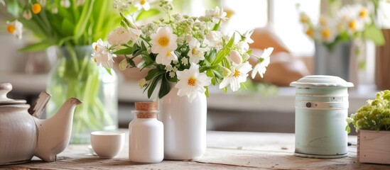 Spring-inspired home decor with a Shabby chic touch, featuring a grinder and a white label vase filled with flowers.