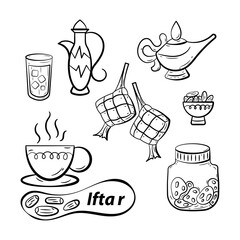 Set of Iftar Food Hand Drawn Icon..Outline Doodle Islamic Icon Collections