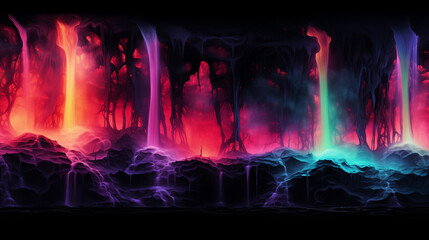Vividly Colored Fantasy Waterfall Landscape Under Alien Twilight. Neon color background.