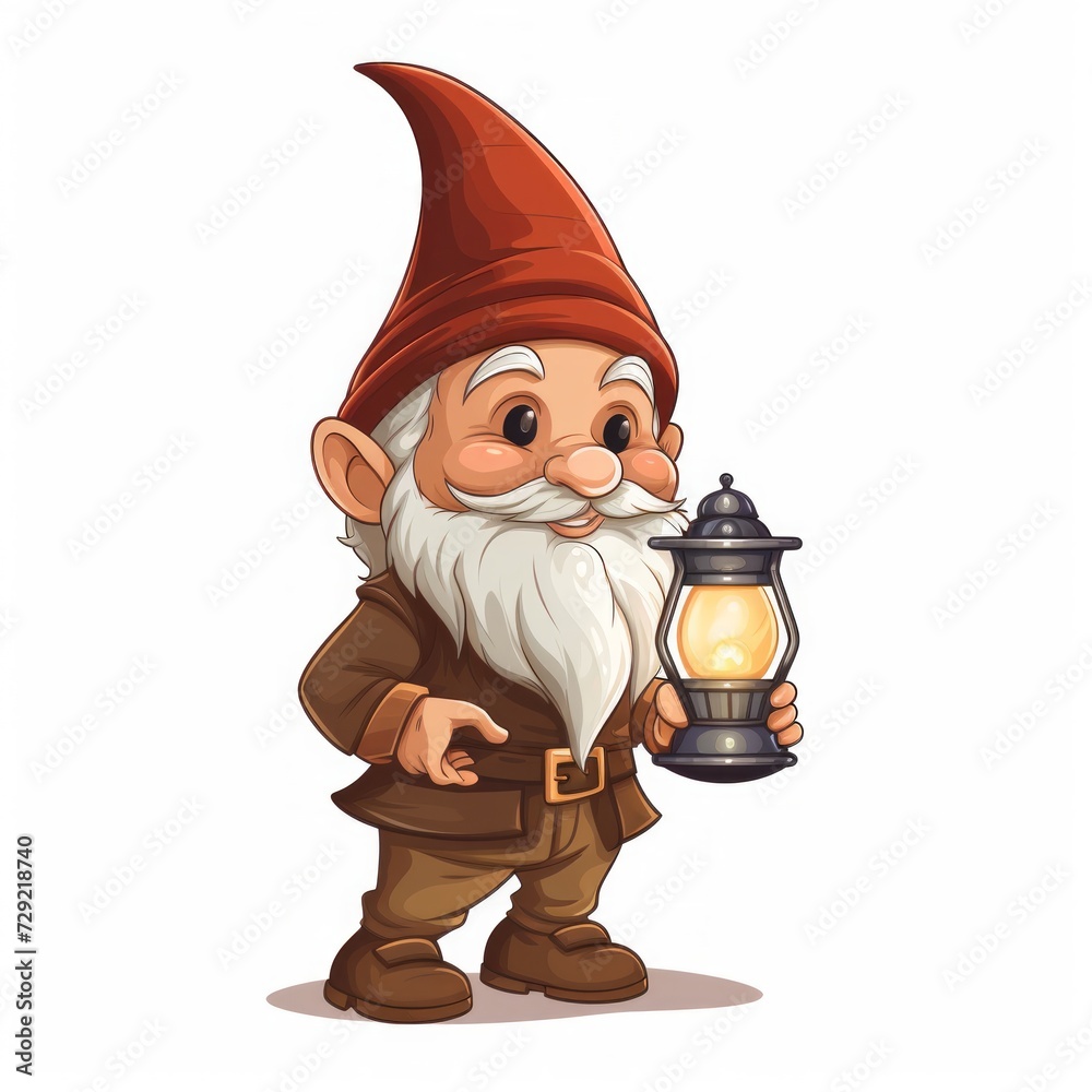 Poster a lovable gnome wearing a pointed hat and holding a lantern, exploring inquisitively. generative ai