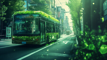 Grüne Energie bei Bussen und öffentlichen Verkehrsmittel sowie Fahrrad aus Gras grün und nachhaltiger Transport urban Generative AI