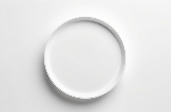 Ceramic white blank plate on white background. Soft shadow. Creative minimalist style. Card mockup. Elegant wedding layout. Minimal eco template. Aesthetic interior. Round circle empty tray. Mock up