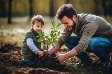 father and son planting a tree together. Family quality time together. Fathers day. Dad and his boy doing good deeds. Future and eco concept. - obrazy, fototapety, plakaty