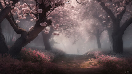 Cherry Blossom wonderland featuring soft fog and diffused light