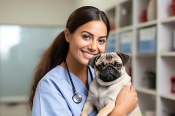 young professional female hispanic veterinarian doctor holding pug dog or puppy at work in clinic portrait. Brachycephalic or snub-nosed breed health issues.