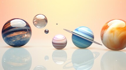 Fototapeta na wymiar Colorful Glass Marbles Designed Like Planets Floating on a Reflective Surface