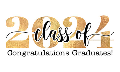Class of 2024 Congratulations Graduates - Typography. black text isolated white background. Vector illustration of a graduating class of 2024. - obrazy, fototapety, plakaty
