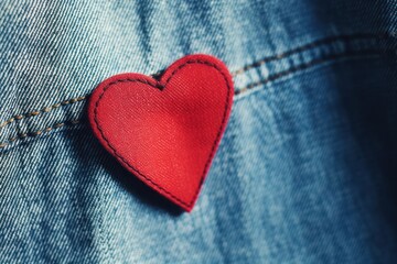 red heart shaped patch on jeans shirt or jacket. Sewing hobby, up cycling clothes. Valentines day card.