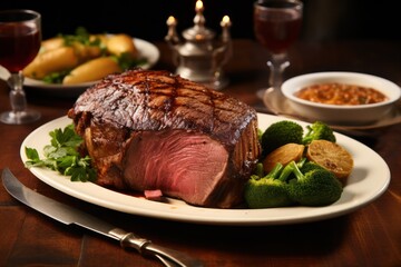 Prime rib meat dish at dinner table. Christmas festive feast with candlelight, thanksgiving food, american classic.