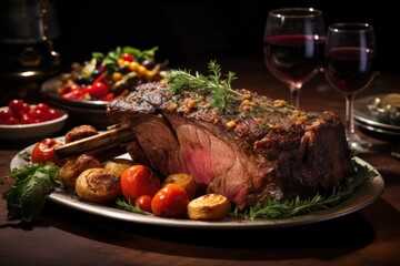 Prime rib meat dish at dinner table. Christmas festive feast with candlelight, thanksgiving food, american classic.