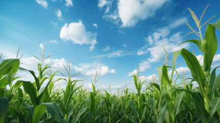 Corn field with blue sky and clouds.