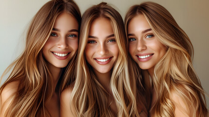 Close up portrait of three beautiful women with long blond hair looking at camera and smiling - obrazy, fototapety, plakaty