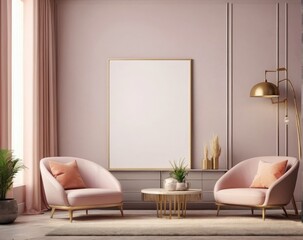 Modern Sofa Setting Blank Picture Frame Beige Color 3D Rendering Home Decor Showcase Living Room with Sofa and Beige Frame Illustration

