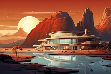 luxury futuristic house in desert landscape with pool illustration