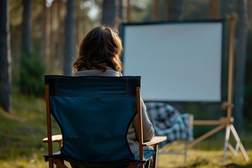 person in director chair watching a screen intently - obrazy, fototapety, plakaty