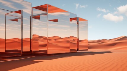 Group of Mirrors in the Desert. Unusual alien futuristic background. Escapism concept.