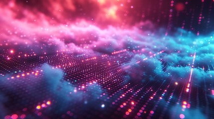 Naklejka premium Retro 90s Vaporwave Holographic Background with Pixel Art, Retro Gaming Motifs, and Glitch Effects