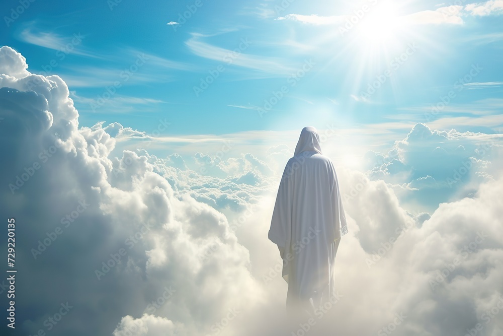 Canvas Prints back view of jesus christ in robe in the clouds with sunlights