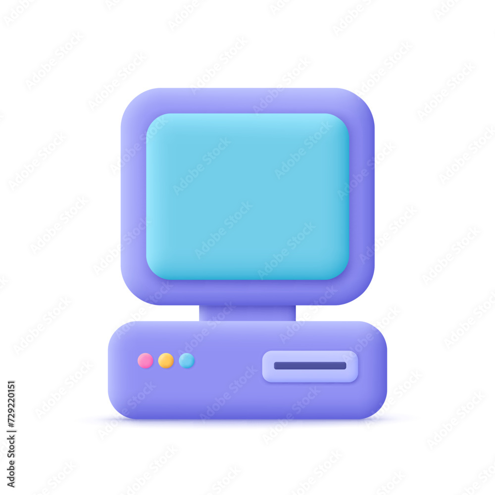Poster retro personal computer with system unit and monitor display. 3d vector icon. cartoon minimal style.